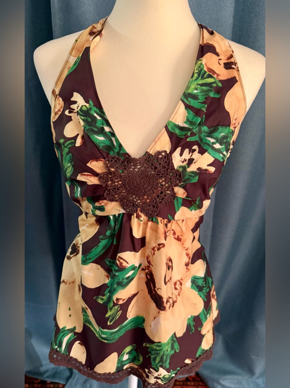 Moschino Cheap and Chic Flor Halter Top with Crochet Detail